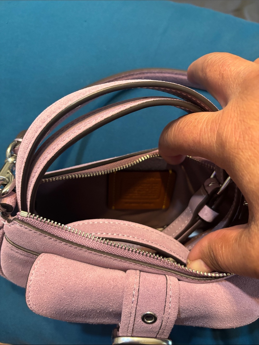 Pink Suede Mini Shoulder Bag with Buckle Accent - Picture 3 of 4